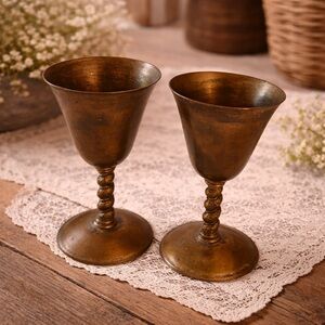 Vintage‎ E.P.B. Spain Goblets Brass Plated Set Of 2 Rustic Farmhouse Chalice